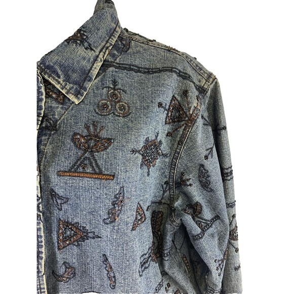 Chico's Design Silk Lining, Embroidered & Beaded Blue Jean Jacket Women 2 /M - Picture 5 of 16